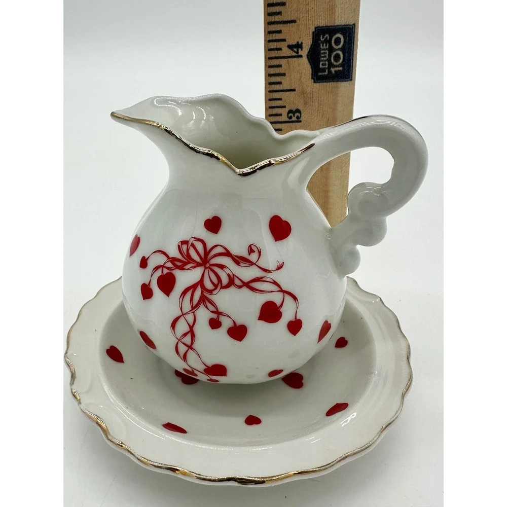 Lefton Pitcher‎ and Saucer Set Vintage Hearts Bow Hand Painted White Red Small